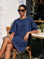 Navy Fringe Raw Edge Oversized Linen Blend Pocket Mini T-Shirt Dress