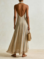 Bohemian Striped Halter Maxi Dress – Elegant Backless Linen Blend Summer Dress With Fringe Hem