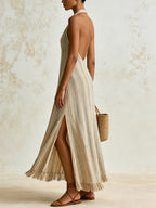 Bohemian Striped Halter Maxi Dress – Elegant Backless Linen Blend Summer Dress With Fringe Hem