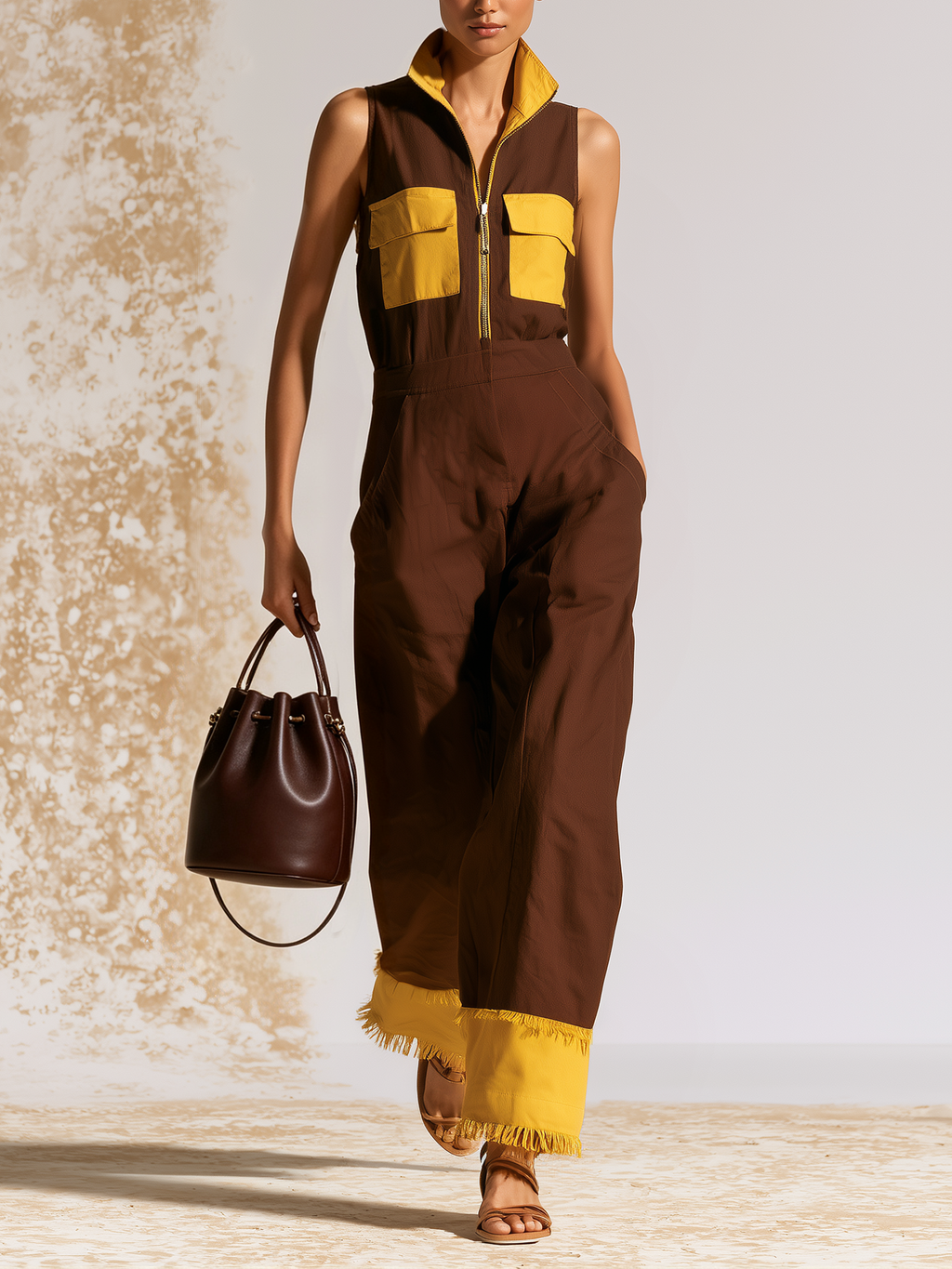 Two-Tone Brown Yellow Sleeveless Zip Front Fringe Cuff Wide Leg Jumpsuit
