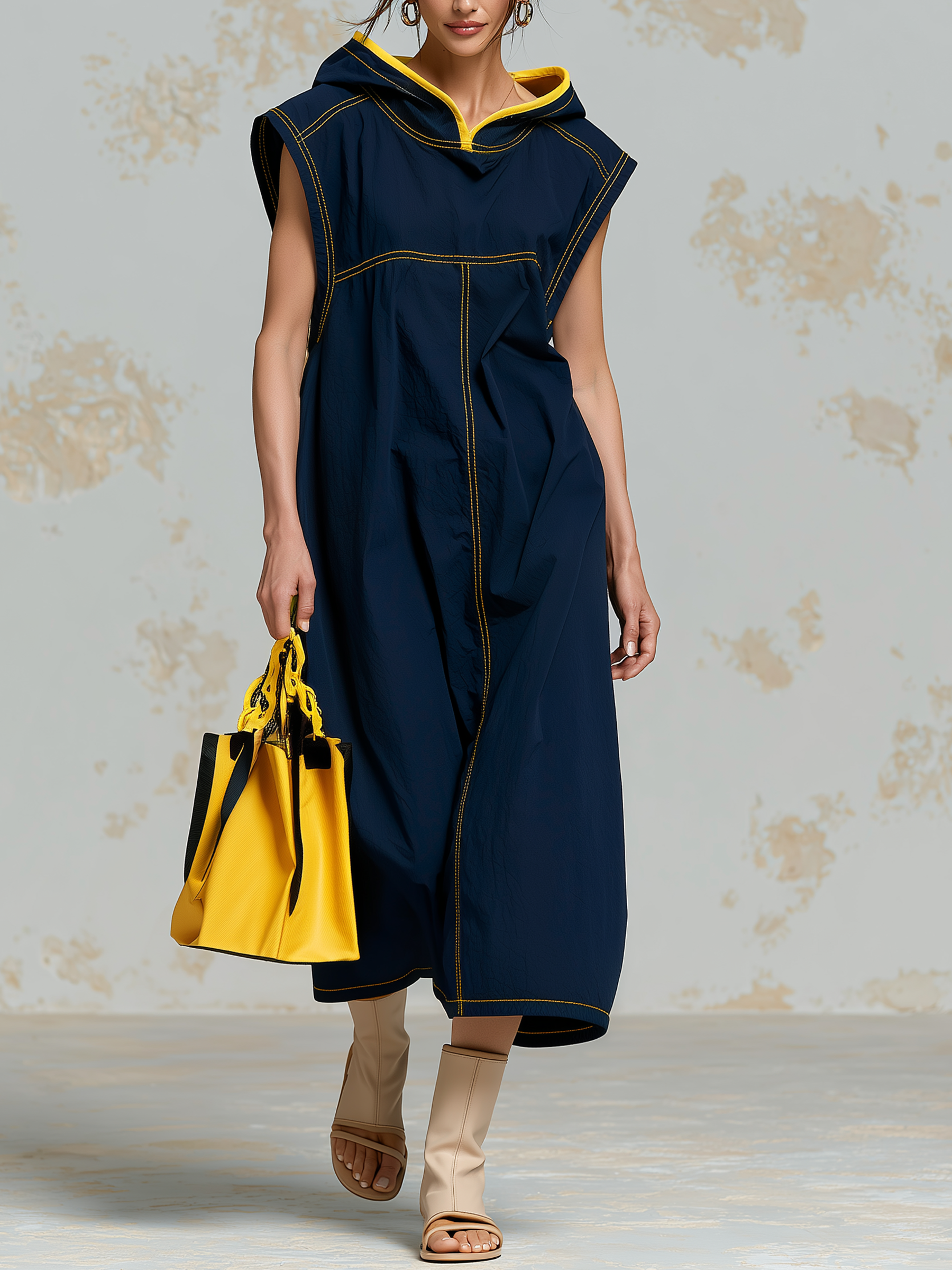 Navy Contrast Yellow Stitch Sleeveless Hooded Midi Dress