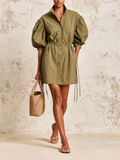 Olive Puff Sleeve Drawstring Waist Mini Shirt Dress With Side Pockets