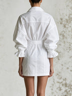 Elegant White Oversized Shirt Dress – Ruched Waist Long Sleeve Mini Dress For Women
