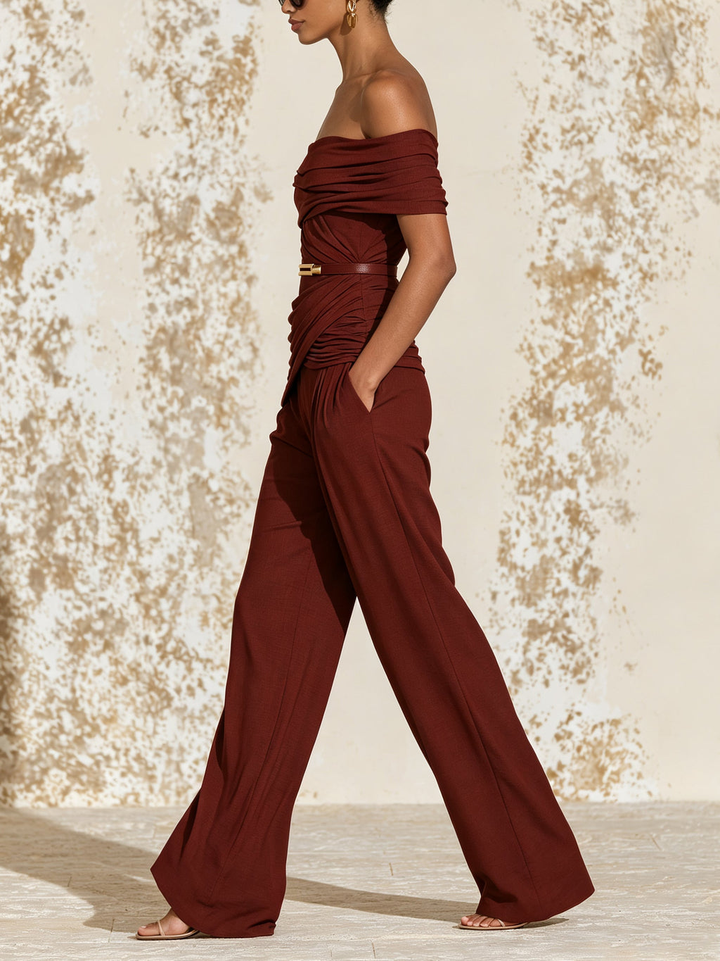 Elegant Burgundy Off Shoulder Jumpsuit – Ruched Draped Wide Leg Evening Jumpsuit For Women