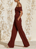 Elegant Burgundy Off Shoulder Jumpsuit – Ruched Draped Wide Leg Evening Jumpsuit For Women