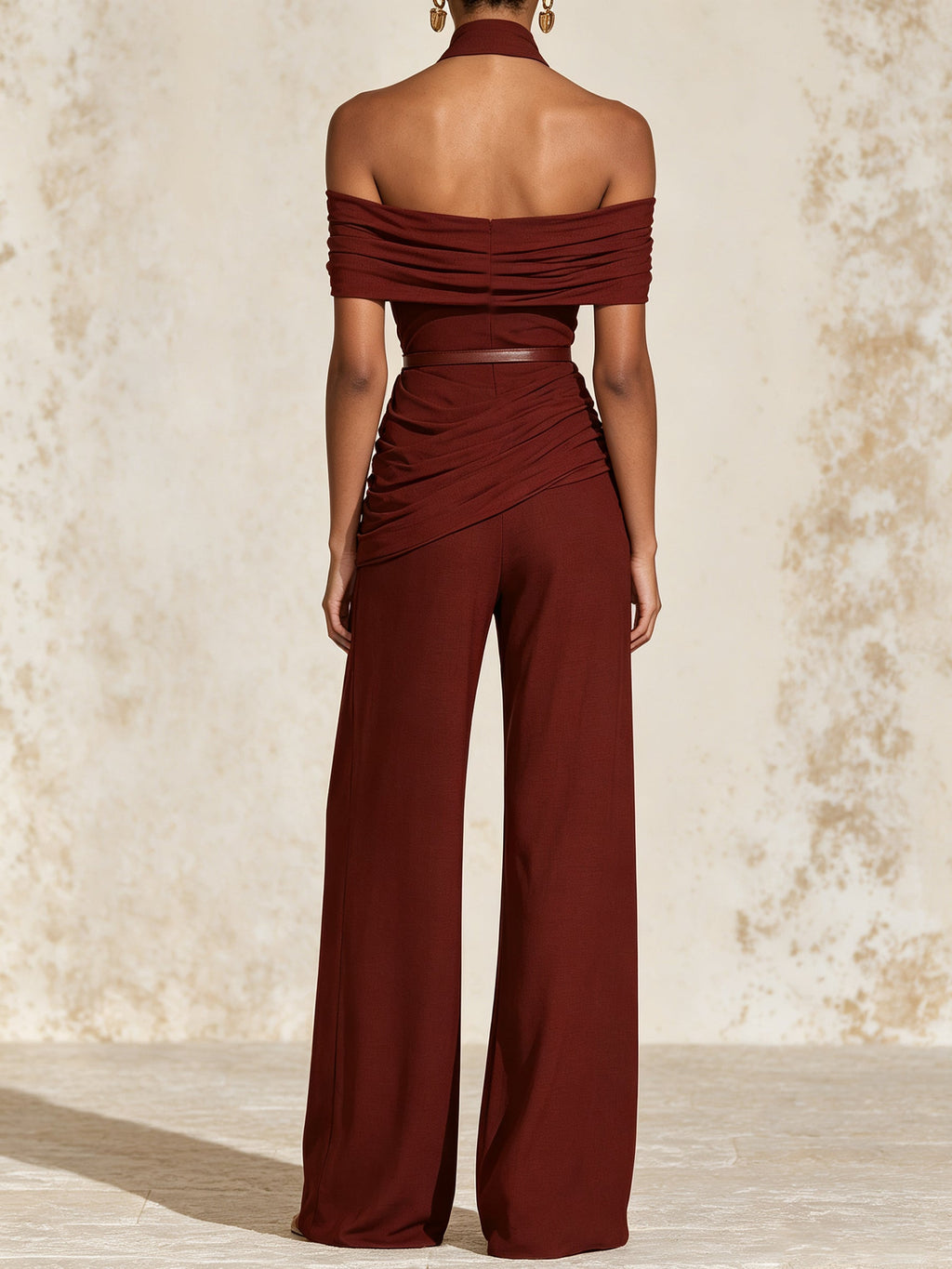 Elegant Burgundy Off Shoulder Jumpsuit – Ruched Draped Wide Leg Evening Jumpsuit For Women