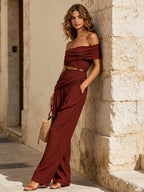 Elegant Burgundy Off Shoulder Jumpsuit – Ruched Draped Wide Leg Evening Jumpsuit For Women