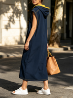 Navy Contrast Yellow Stitch Sleeveless Hooded Midi Dress