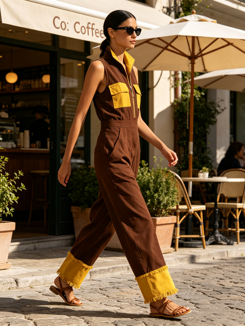 Two-Tone Brown Yellow Sleeveless Zip Front Fringe Cuff Wide Leg Jumpsuit