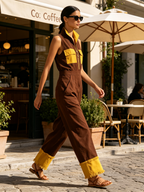Two-Tone Brown Yellow Sleeveless Zip Front Fringe Cuff Wide Leg Jumpsuit