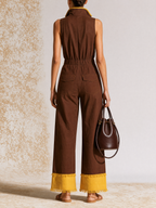 Two-Tone Brown Yellow Sleeveless Zip Front Fringe Cuff Wide Leg Jumpsuit