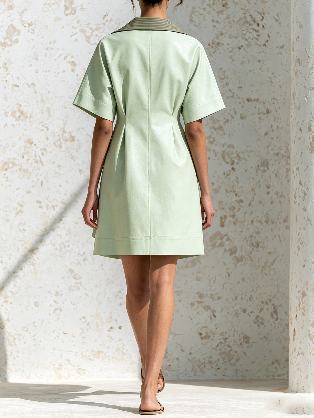 Light Green Contrast Striped Lapel Collar Tailored Mini Shirt Dress