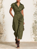 Olive Green Utility Jumpsuit For Women – Relaxed Fit Button Front Cargo Romper With Cinched Waist