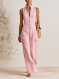Blush‑Pink Sleeveless Zip‑Front Linen Wide‑Leg Cargo Jumpsuit