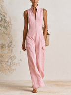 Blush‑Pink Sleeveless Zip‑Front Linen Wide‑Leg Cargo Jumpsuit