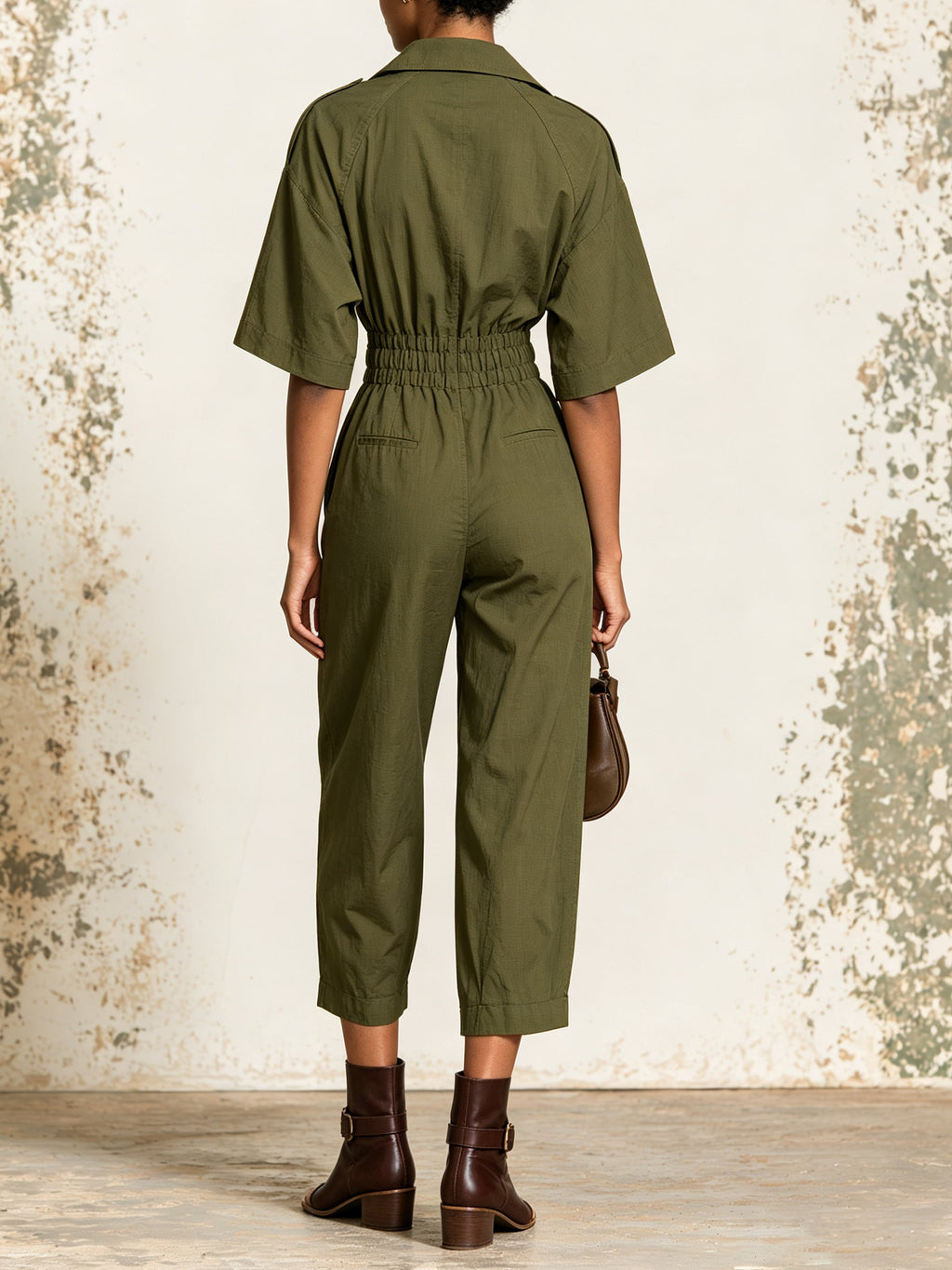 Olive Green Utility Jumpsuit For Women – Relaxed Fit Button Front Cargo Romper With Cinched Waist