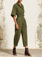 Olive Green Utility Jumpsuit For Women – Relaxed Fit Button Front Cargo Romper With Cinched Waist