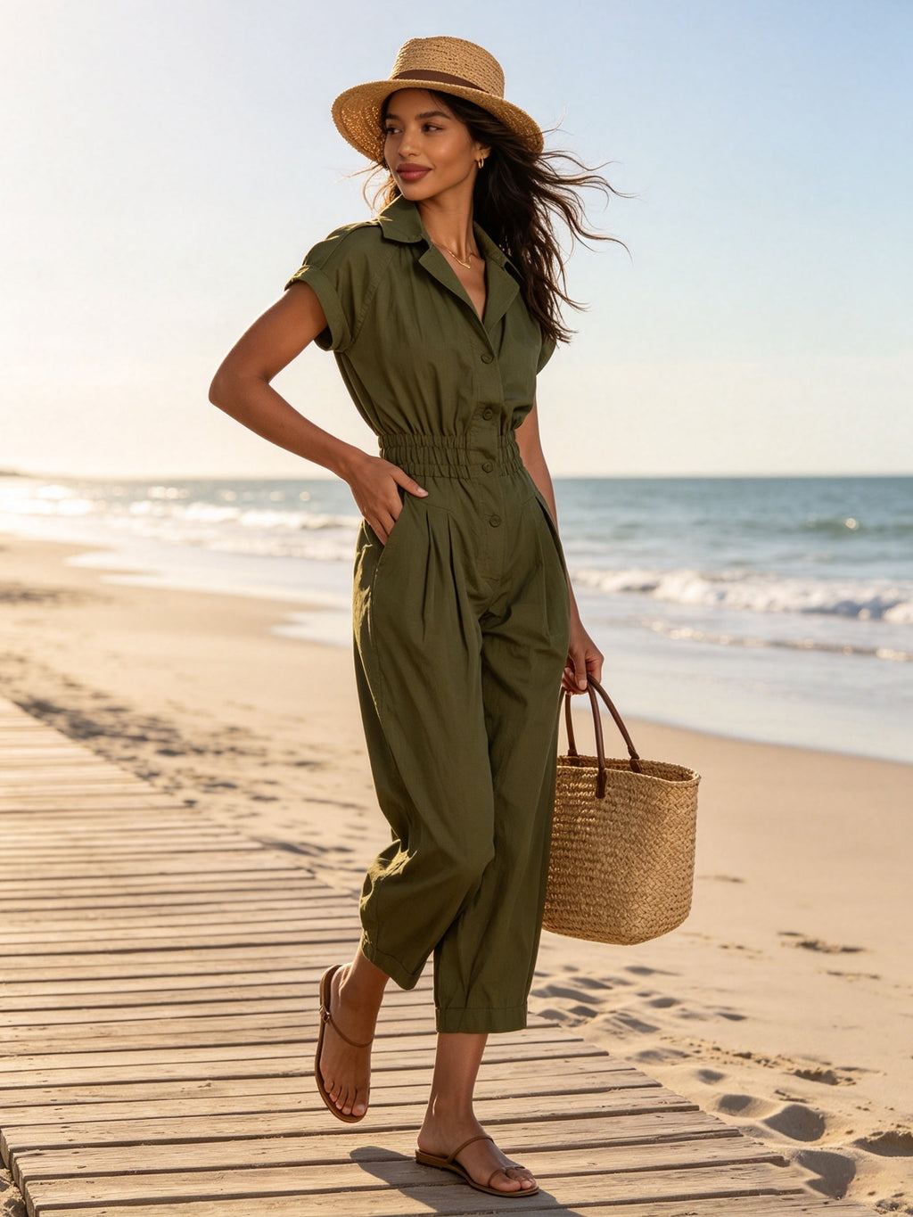 Olive Green Utility Jumpsuit For Women – Relaxed Fit Button Front Cargo Romper With Cinched Waist