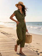 Olive Green Utility Jumpsuit For Women – Relaxed Fit Button Front Cargo Romper With Cinched Waist