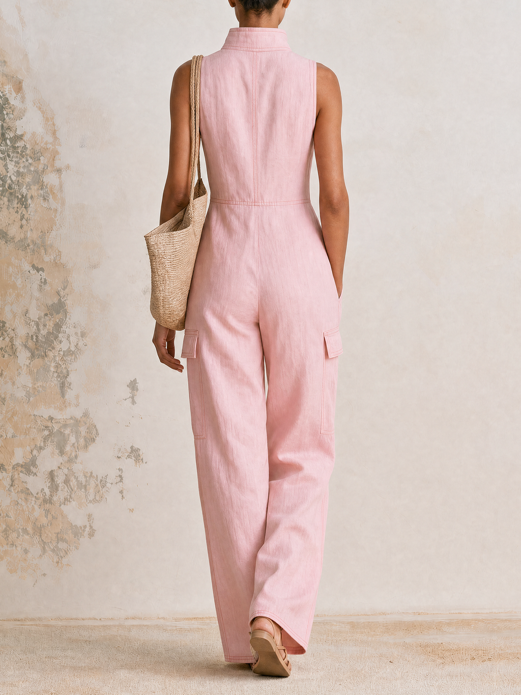 Blush‑Pink Sleeveless Zip‑Front Linen Wide‑Leg Cargo Jumpsuit