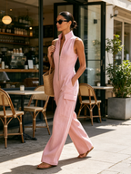 Blush‑Pink Sleeveless Zip‑Front Linen Wide‑Leg Cargo Jumpsuit