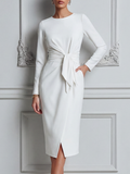 White Dress Ruched Knot Waist Front Slit Pencil Midi Dress
