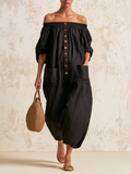 Off-Shoulder Linen Blend Wide Leg Jumpsuit with Button Front & Pockets