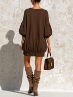 Brown Vertical Stripe Bubble Hem Balloon Sleeve Mini Dress