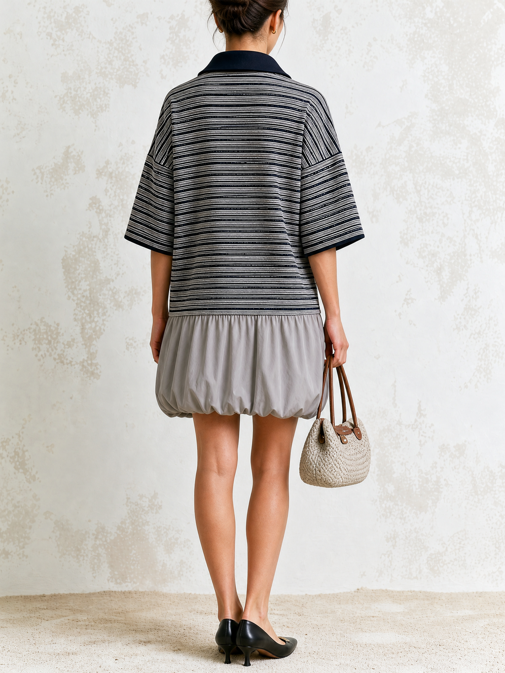 Stripe Color Block Polo Collar Bubble Hem Mini Dress