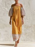 Yellow Color Block Stripe Off Shoulder Wide Leg Maxi Dress