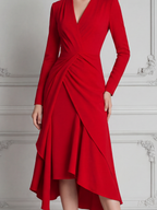 Red Dress Fall Wedding Guest Dress Draped Wrap High Low Midi Dress