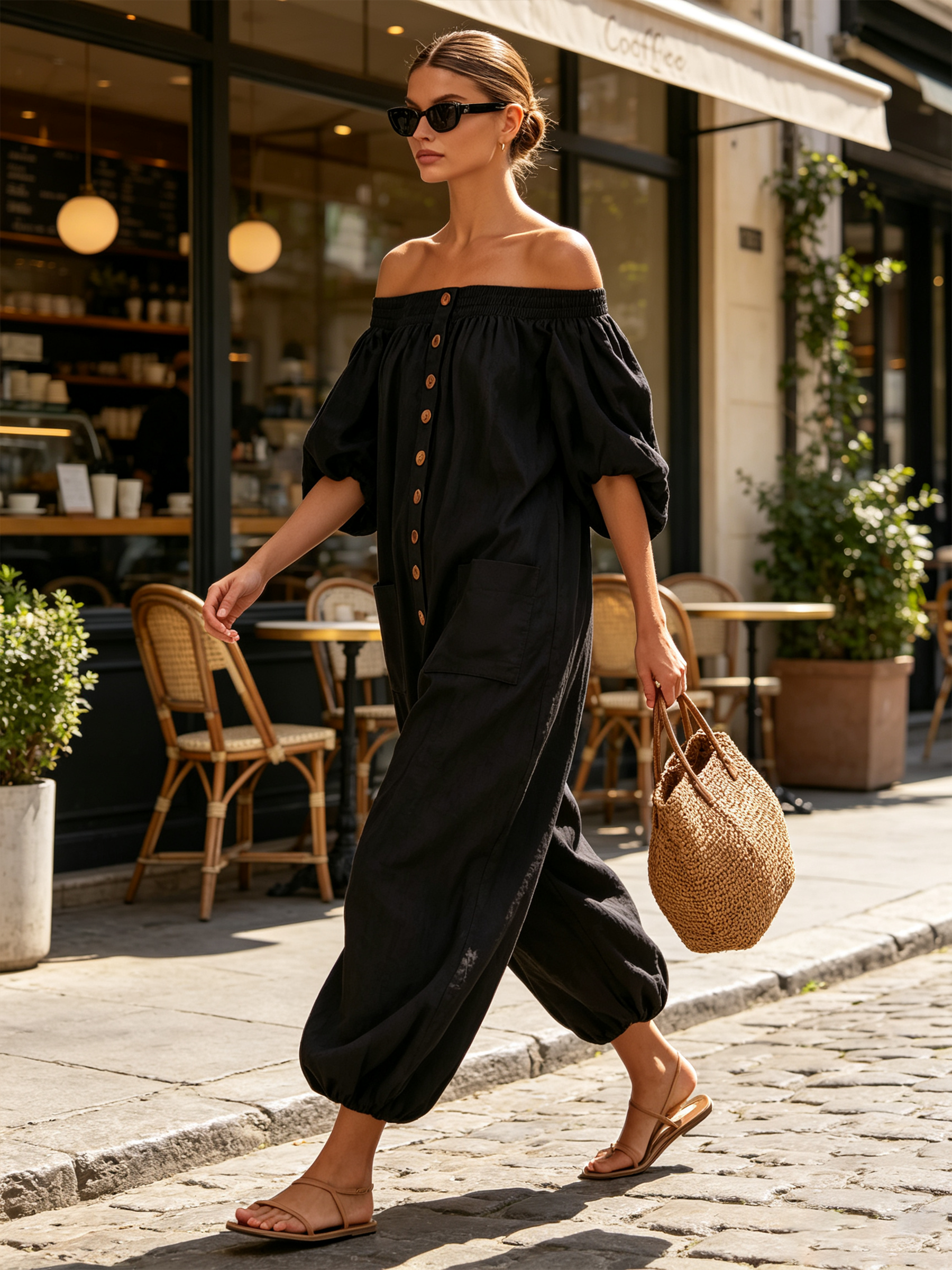Off-Shoulder Linen Blend Wide Leg Jumpsuit with Button Front & Pockets