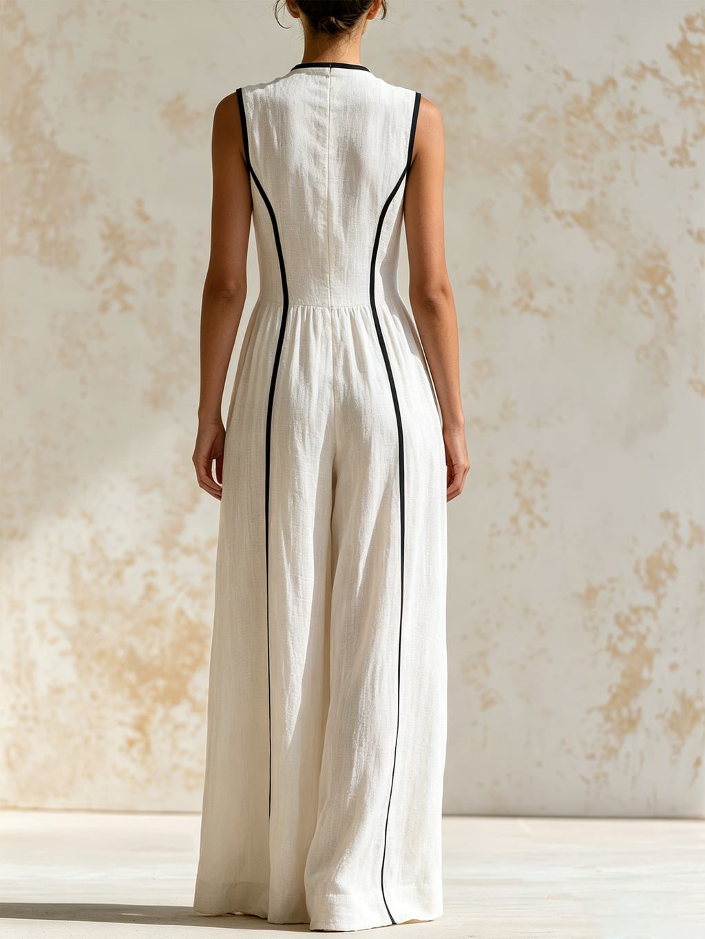 White Black Piping Sleeveless Linen Blend Wide Leg Jumpsuit