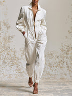 Luxe Utility White Jumpsuit – Elegant Zip Front Long Sleeve Cargo Romper With Cinched Waist