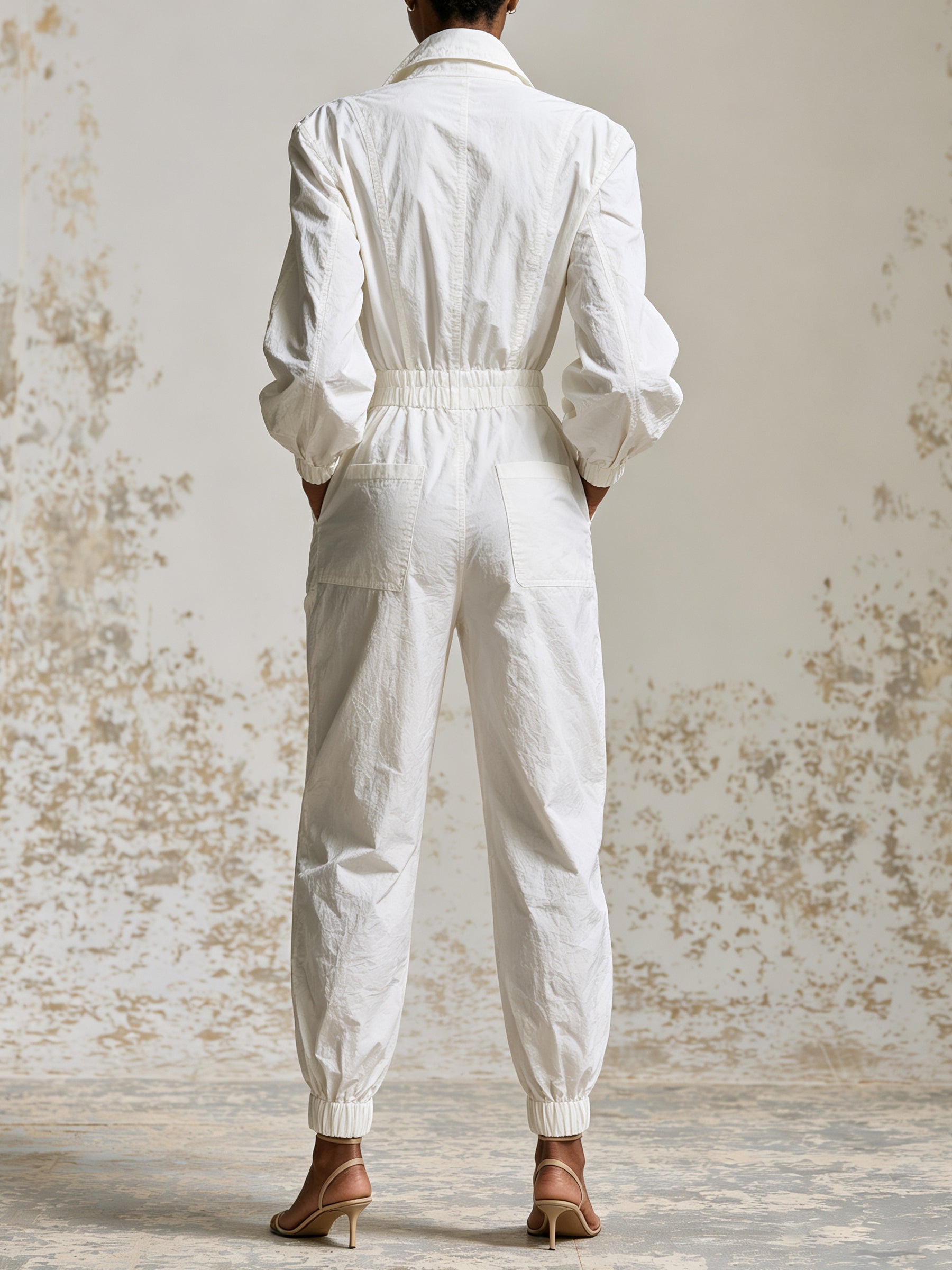 Luxe Utility White Jumpsuit – Elegant Zip Front Long Sleeve Cargo Romper With Cinched Waist