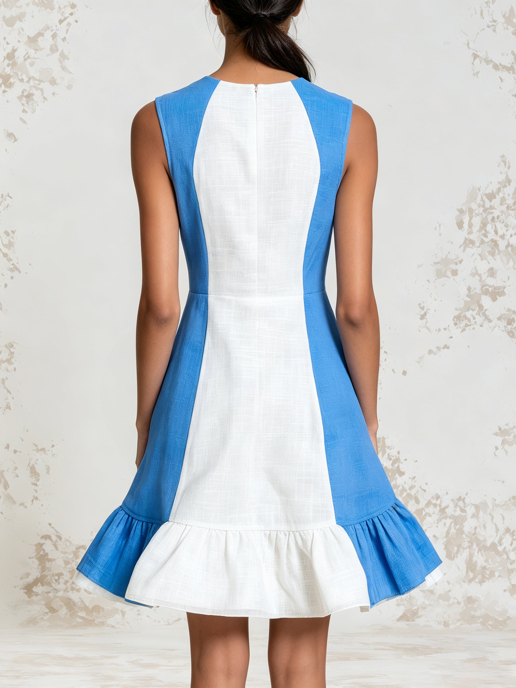 Azure Contrast Mini Dress – Elegant Blue & White Sleeveless A-Line Dress With Flared Hem