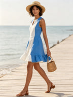 Azure Contrast Mini Dress – Elegant Blue & White Sleeveless A-Line Dress With Flared Hem