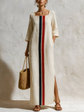 Women’s Minimalist Linen Maxi Dress – Elegant Long Sleeve Column Dress With Contrast Stripe Detail
