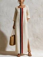 Women’s Minimalist Linen Maxi Dress – Elegant Long Sleeve Column Dress With Contrast Stripe Detail