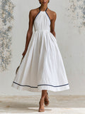 Elegant Contrast Trim Halter Midi Dress – Minimalist White Summer Dress With Pleated Bodice & Flowy A-Line Skirt