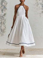 Elegant Contrast Trim Halter Midi Dress – Minimalist White Summer Dress With Pleated Bodice & Flowy A-Line Skirt