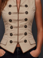 Vintage Military-style Buttons Cotton-linen Vest