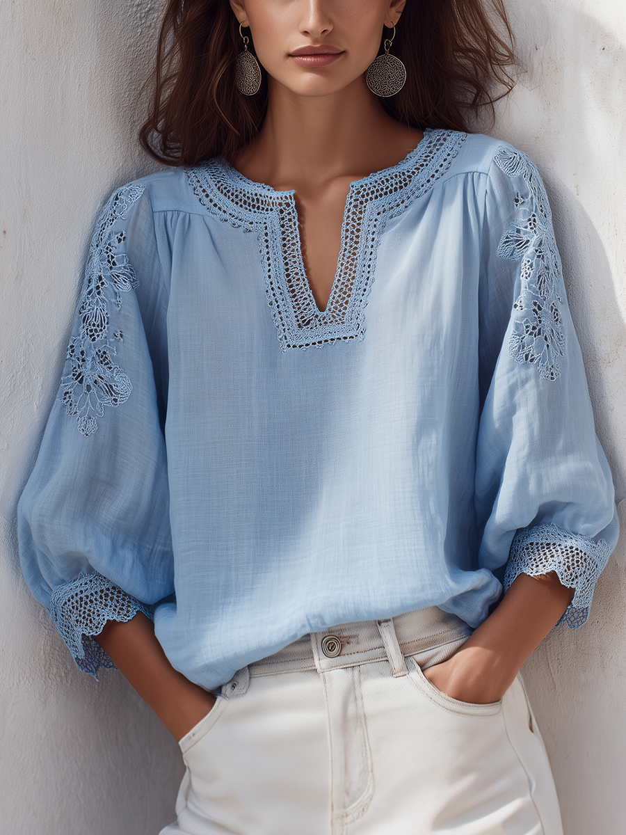 Delicate Sky Blue Lace Trim Blouse