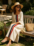 Women’s Minimalist Linen Maxi Dress – Elegant Long Sleeve Column Dress With Contrast Stripe Detail