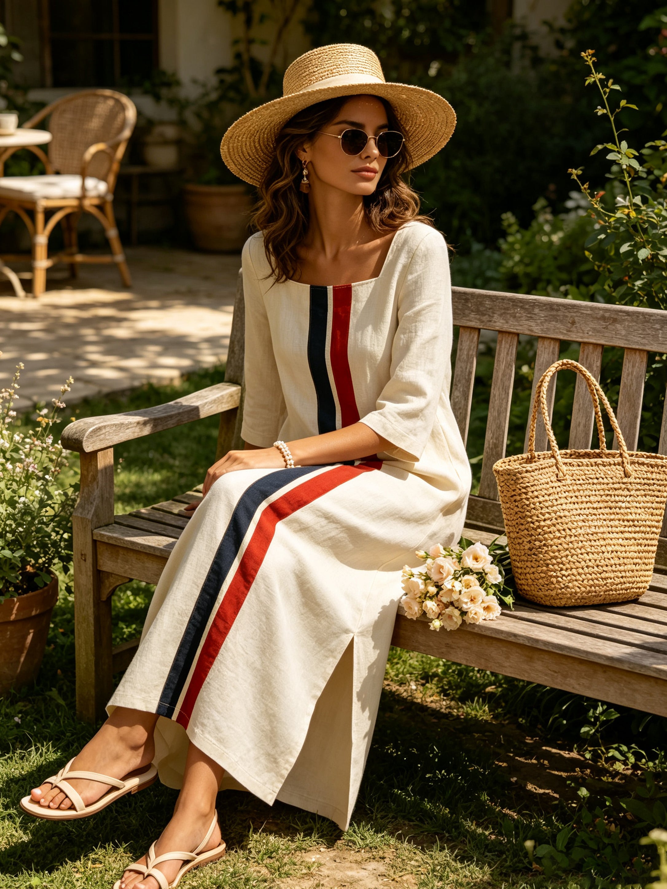 Women’s Minimalist Linen Maxi Dress – Elegant Long Sleeve Column Dress With Contrast Stripe Detail