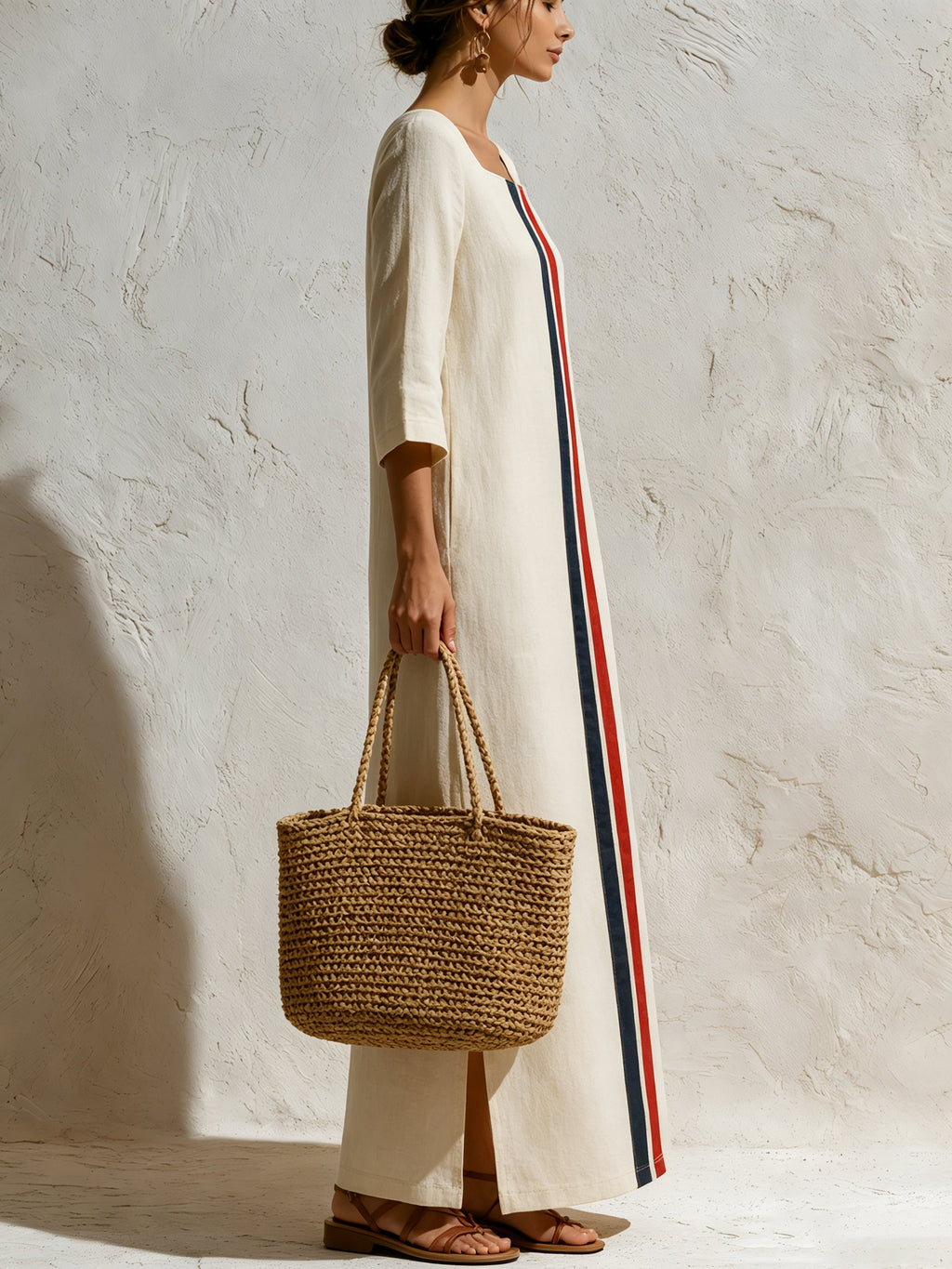 Women’s Minimalist Linen Maxi Dress – Elegant Long Sleeve Column Dress With Contrast Stripe Detail