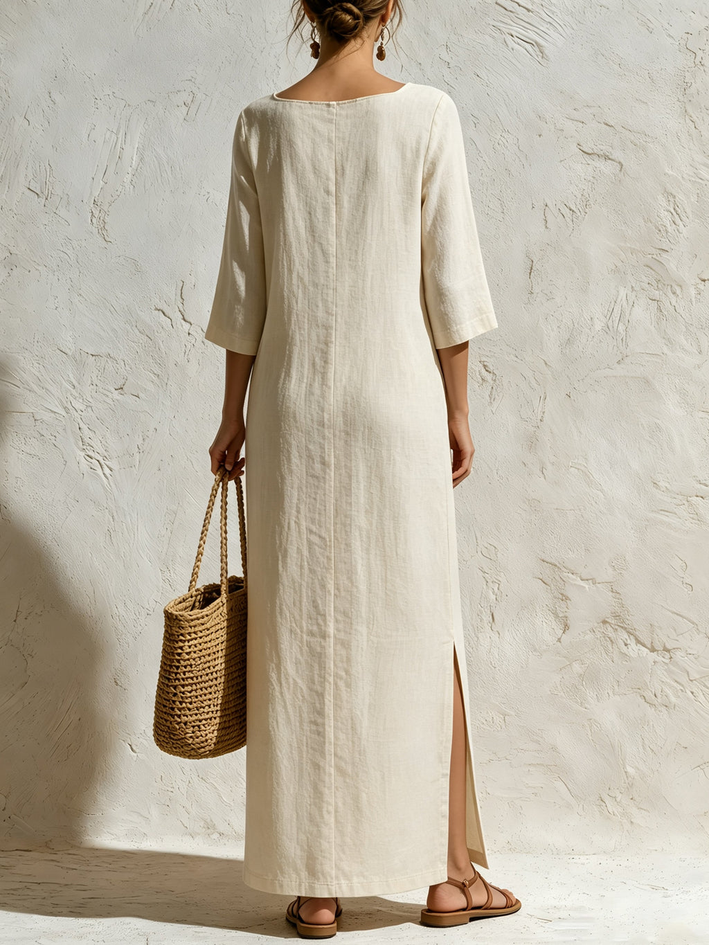 Women’s Minimalist Linen Maxi Dress – Elegant Long Sleeve Column Dress With Contrast Stripe Detail