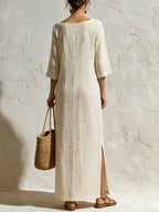 Women’s Minimalist Linen Maxi Dress – Elegant Long Sleeve Column Dress With Contrast Stripe Detail