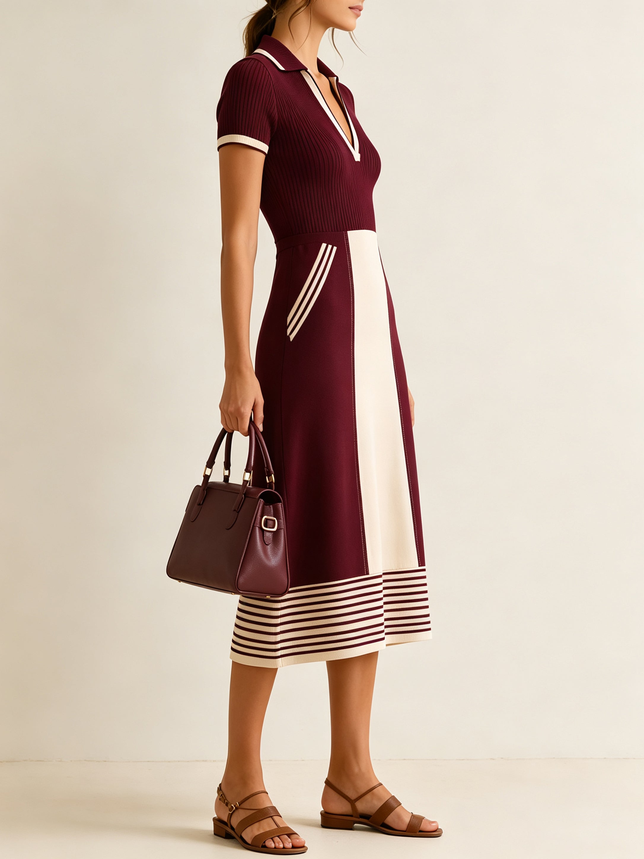 Women’s Ribbed Knit Midi Dress – Elegant Polo Collar Dress With Contrast Panel & Stripe Hem Detail