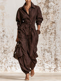 Elegant Ruched Shirt Dress For Women – Long Sleeve Button Down Midi Dress With Waist Tie & Relaxed Silhouette